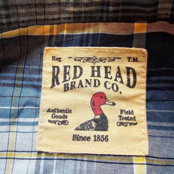 Red Head Brand Shirt Blue Mens Size Large Pearl Snap Plaid Short Sleeve Casual - Picture 7 of 14